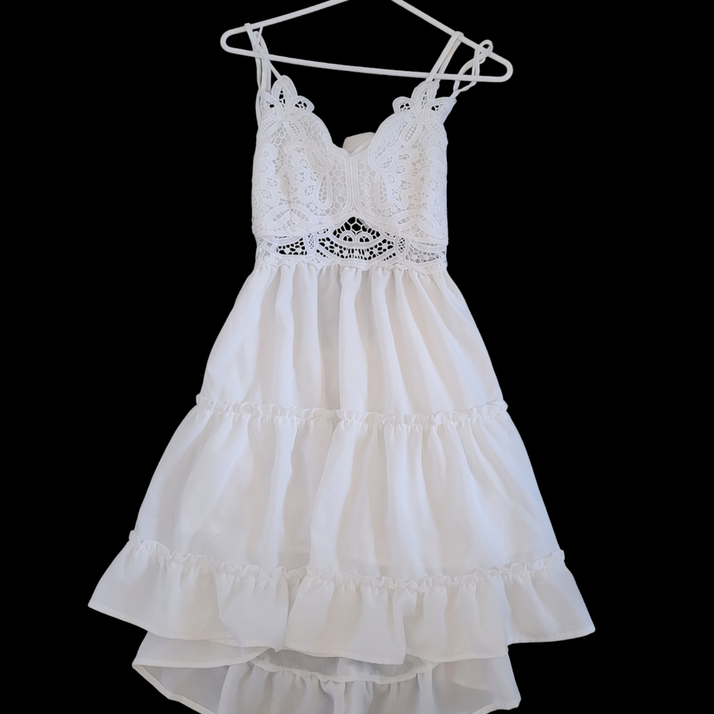 Mainstrip White Ruffle Mini Sun Dress. Tie In Back